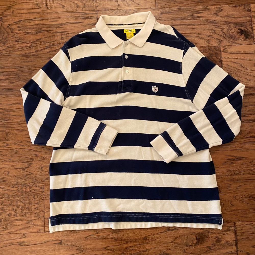 Duck Head Mens Long Sleeve Polo Shirt Navy Blue Cream Striped Cotton Rugby L